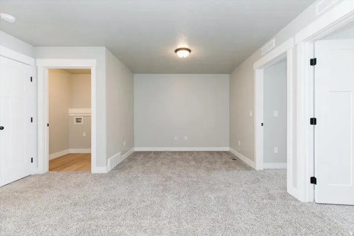 Light gray carpeting, white trim, recessed laundry area with wood-finish flooring, and white paneled doors