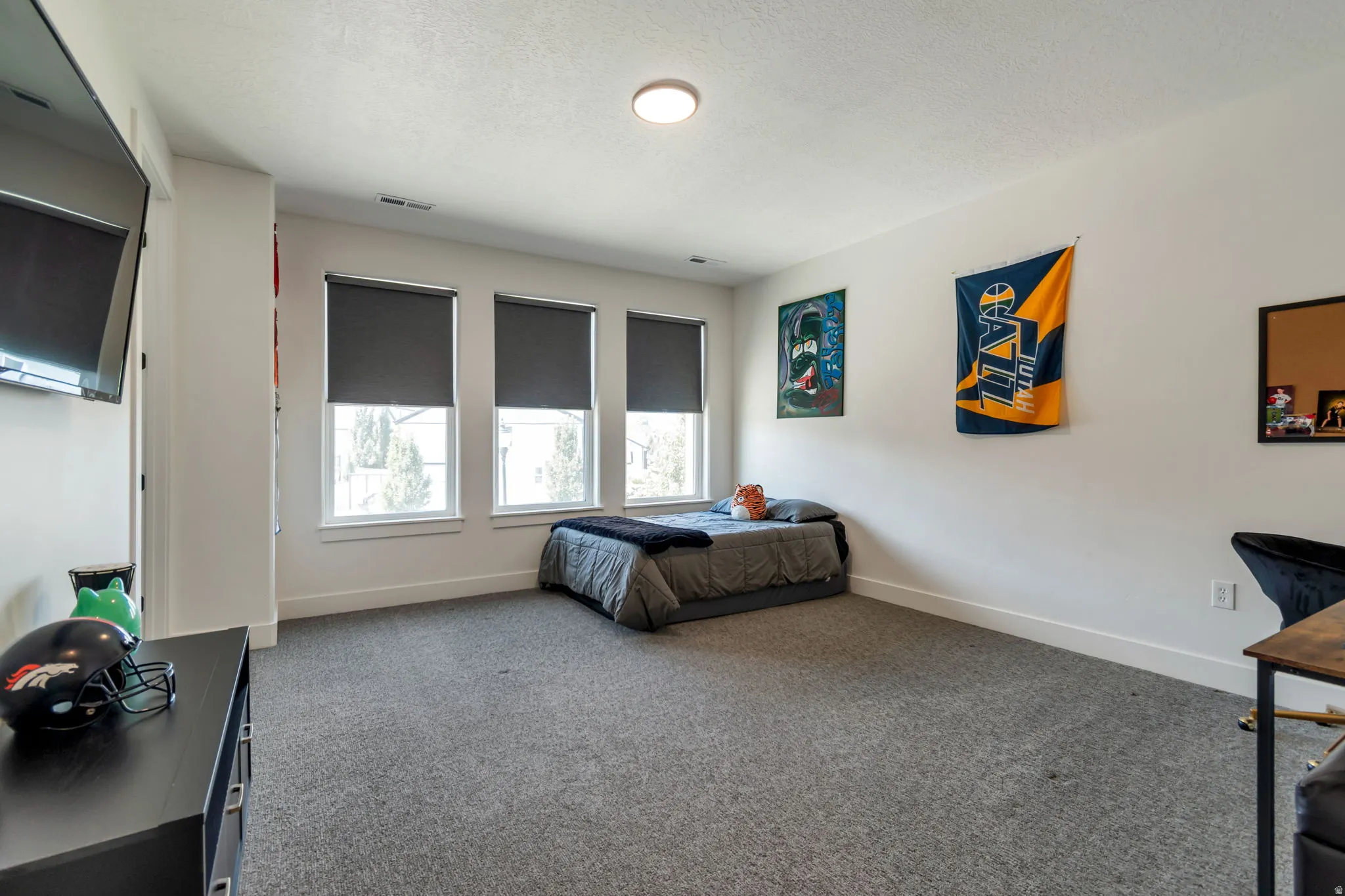 Wall-mounted television, three windows with roller shades, recessed ceiling light, and gray carpeting