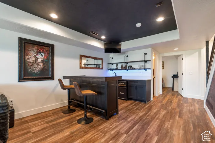 Wood-finish flooring, recessed lighting, built-in bar, built-in shelving, and dark ceiling treatment