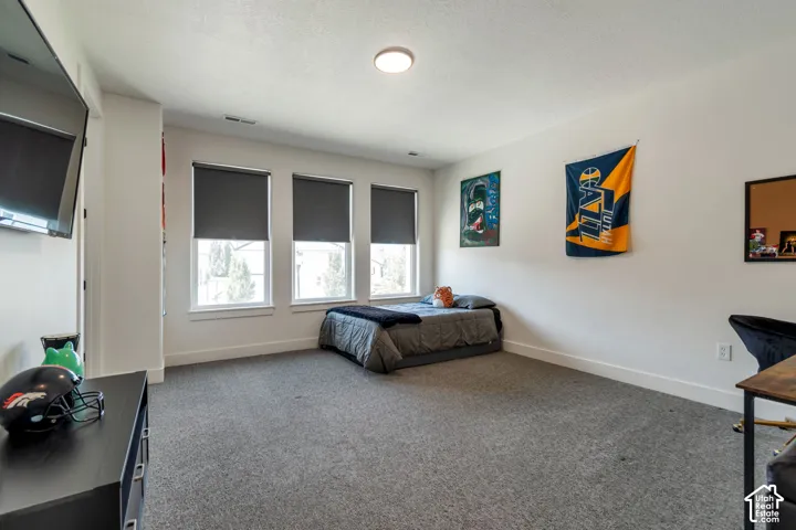 Wall-mounted television, three windows with roller shades, recessed ceiling light, and gray carpeting