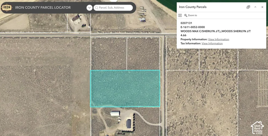 Iron County Parcel Locator. Displaying an aerial view of the property with identifying parcel information