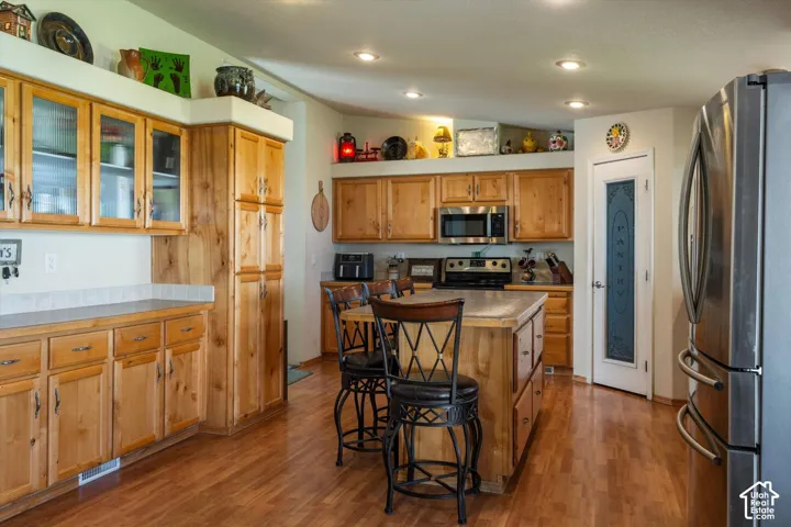 Kitchen featuring wood-finish flooring, recessed lighting, and stainless steel appliances
