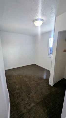 Carpeted flooring, white painted walls, and a single window with blinds