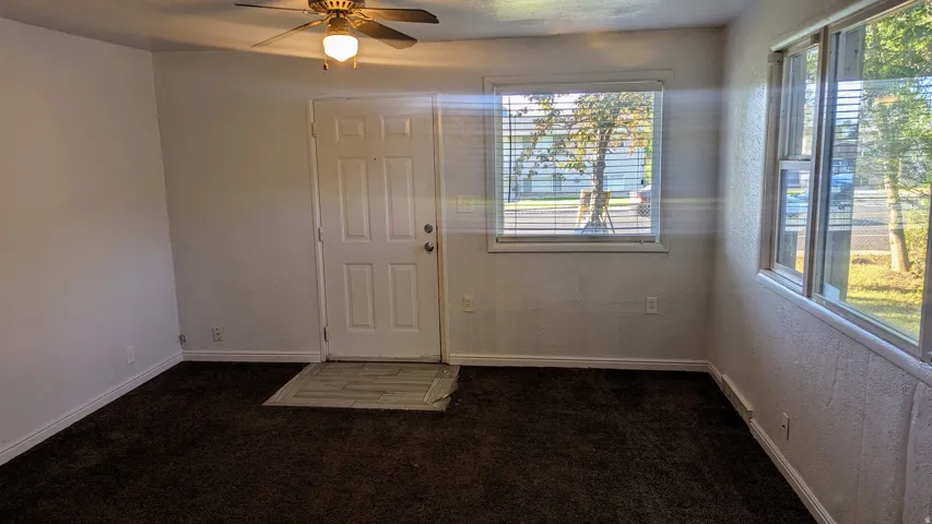 White paneled entry door, ceiling fan with integrated lighting, multiple windows with horizontal blinds, and dark-toned carpeting