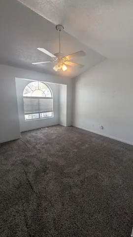 Arched window with blinds, ceiling fan with integrated lighting, textured walls, and wall-to-wall carpeting
