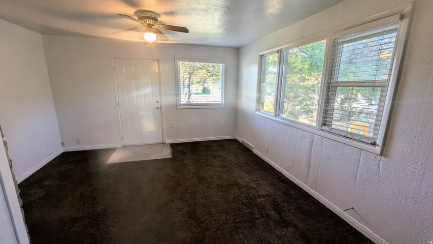 White paneled door entry, ceiling fan with integrated lighting, multiple windows with blinds, and dark textured flooring