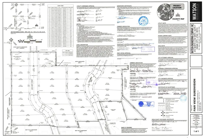 Subdivision Plat. Illustrating the layout of the Fairview Subdivision with lot divisions and related approvals