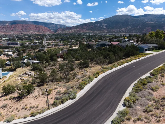 Paved street with concrete curbing, natural desert landscaping, distant mountain backdrop, and scattered residential properties