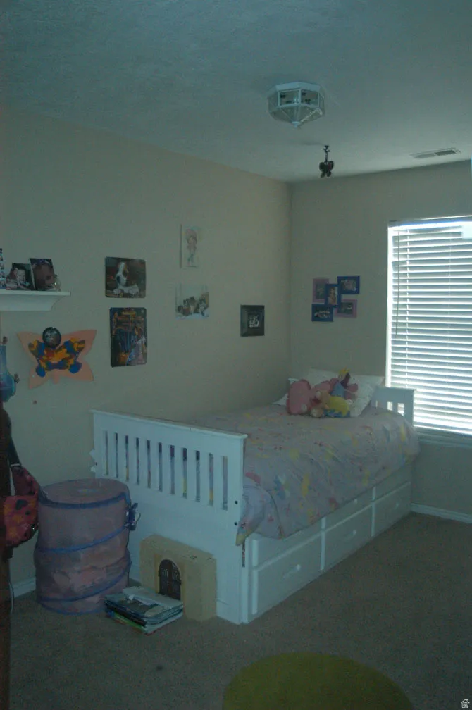 Built-in bed frame with storage drawers, overhead light fixture, window with blinds, wall-mounted shelving