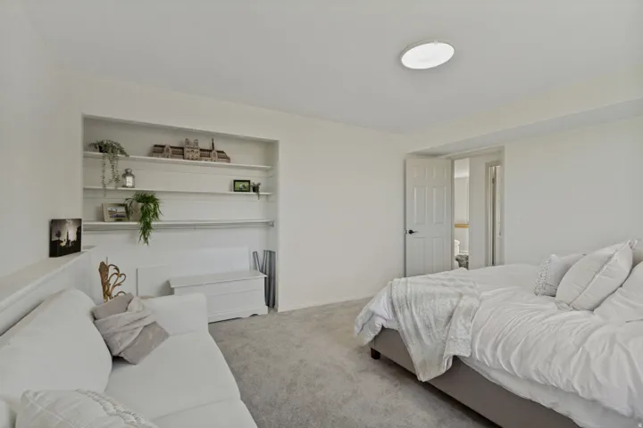 Built-in shelving, recessed ceiling light, and carpet flooring