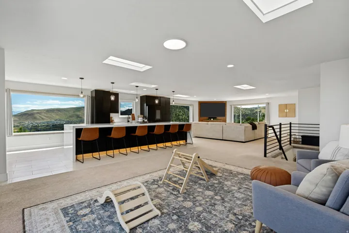 Expansive open-concept living space with multiple skylights, a large kitchen island, dark cabinetry, and panoramic windows