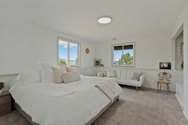 Neutral wall color palette, dual windows, perimeter trim detail, ceiling-mounted light fixture, and soft carpeting