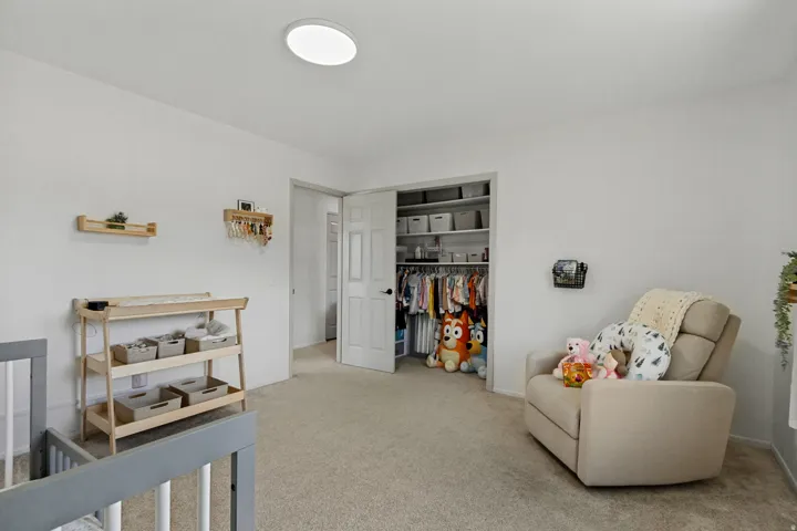 Recessed ceiling light, neutral wall color, carpeted flooring, open closet with built-in shelving, and a paneled interior door