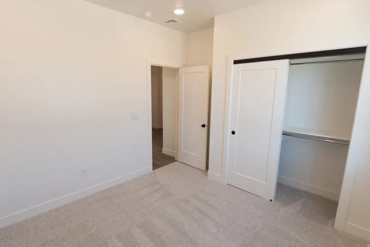 Carpeted flooring with a built-in closet featuring a sliding barn door and interior shelving