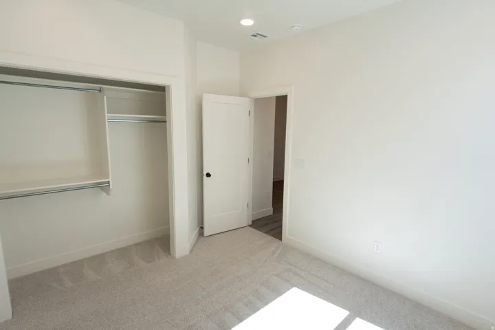 Soft gray carpet flooring paired with white walls, a single-panel interior door with matte black hardware, recessed lighting, and a closet with integrated shelving and hanging rods