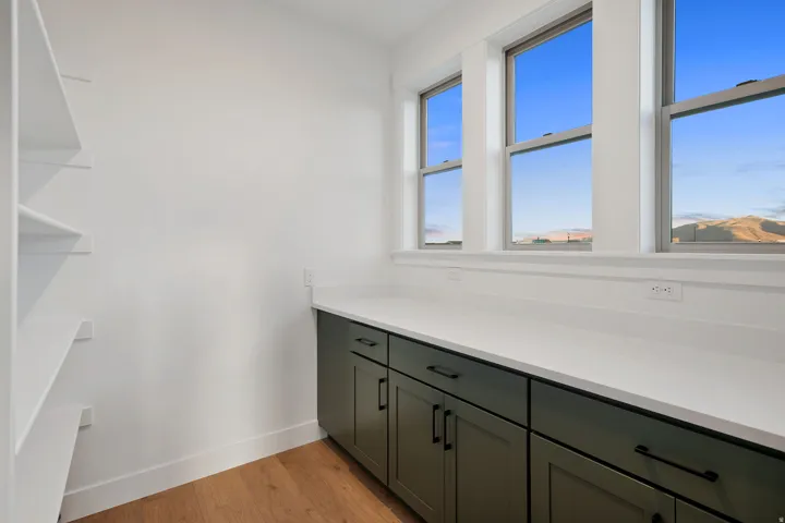 Built-in shelving, wood-finish flooring, white countertops, dark cabinetry, and multiple windows
