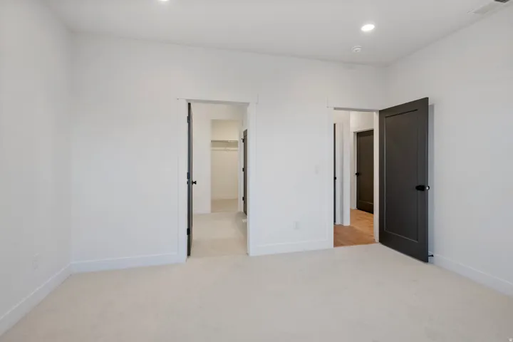 White wall finishes, recessed lighting, light-colored carpeting, dark panel doors, and white trim