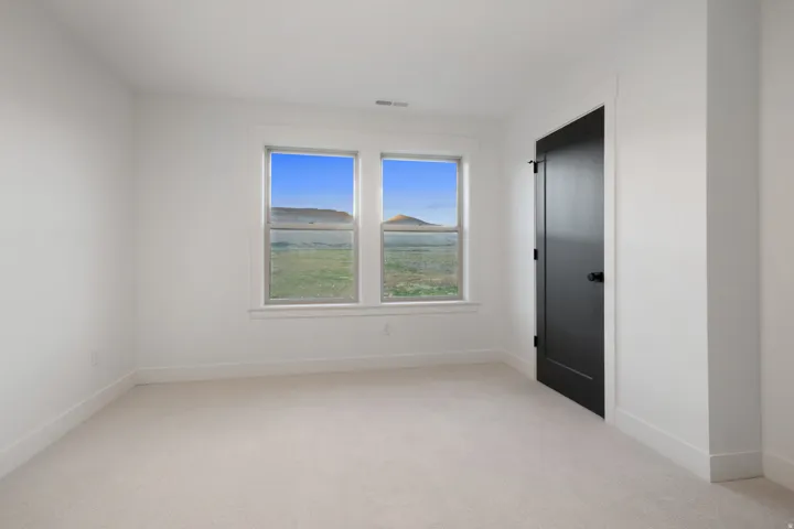 Light-toned wall-to-wall carpeting, white walls, and bright window trim