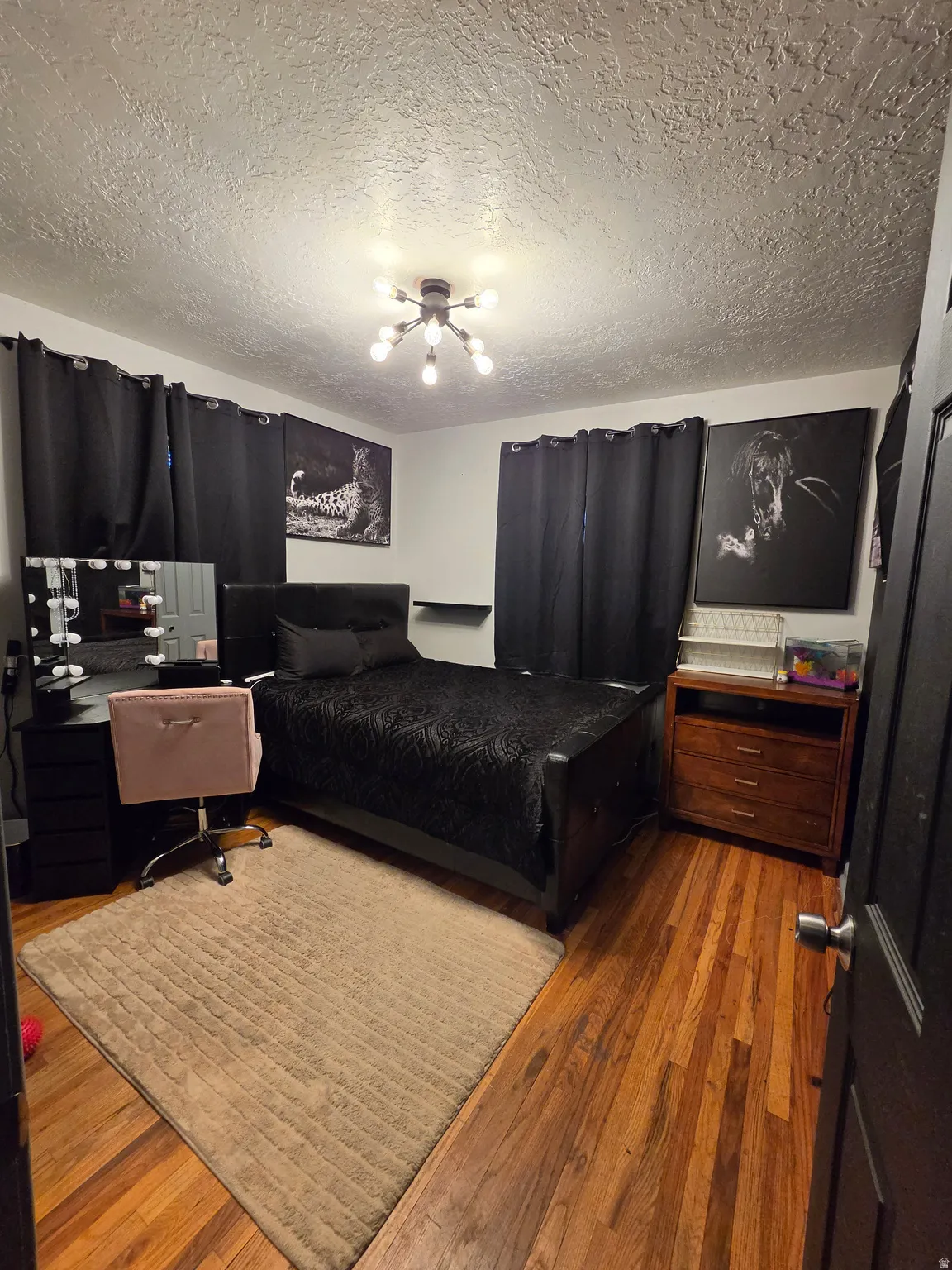 Wood-finish flooring with a flush-mount ceiling light fixture with plenty of light