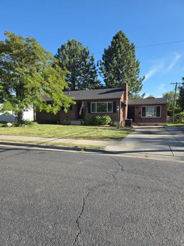 Brick exterior with black shutters, mature front yard trees, and a concrete driveway