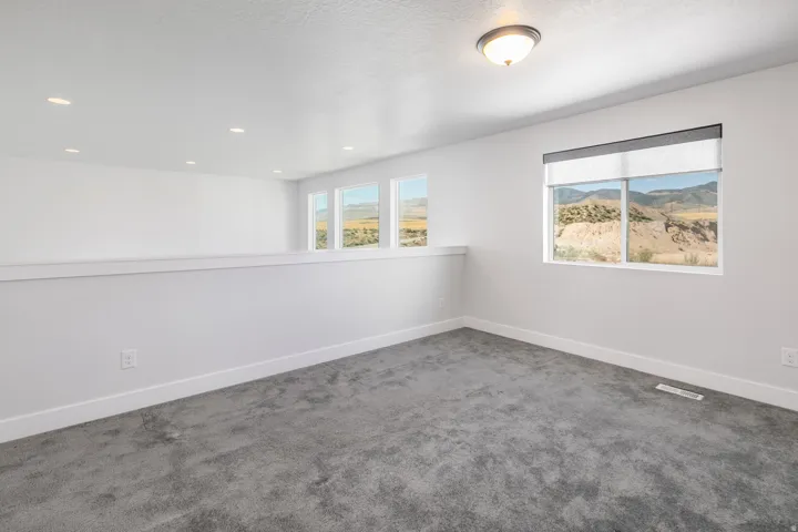 Spacious room with gray carpeting, white walls, multiple windows, recessed lighting, and a semi-flush mount ceiling fixture