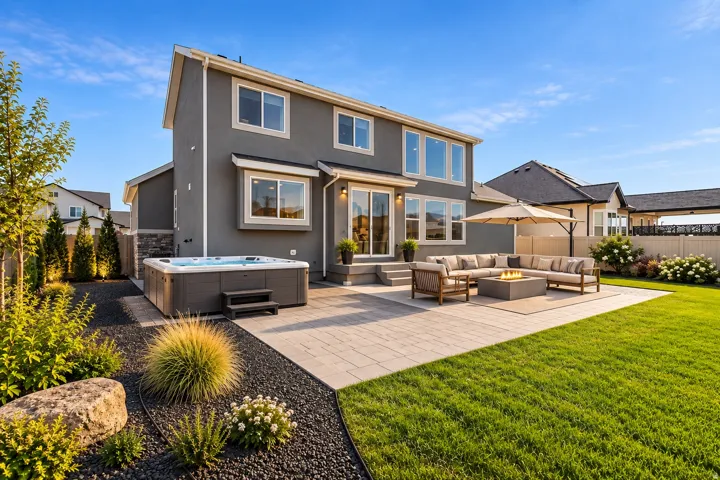 Spacious backyard featuring an expansive paver patio, integrated fire pit, and a built-in hot tub