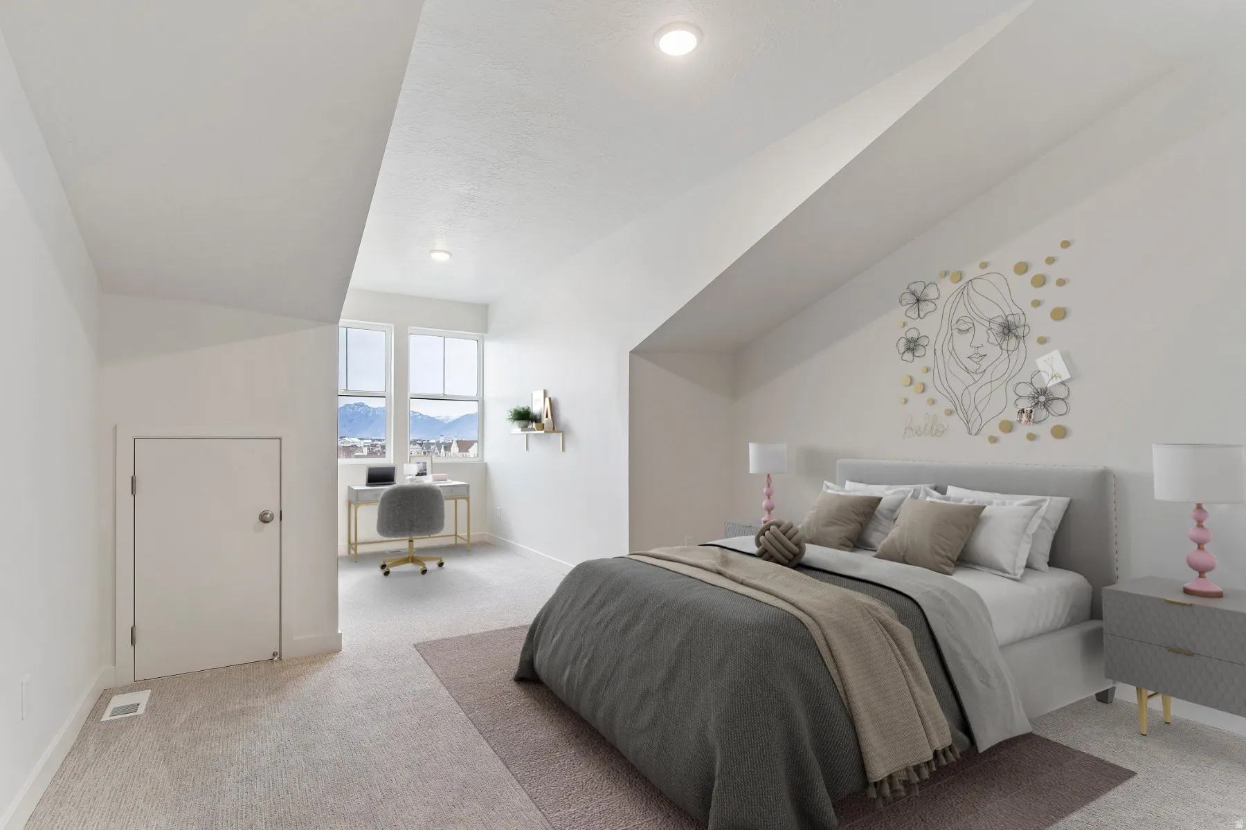 Sloped ceilings, wall-to-wall carpeting, multiple windows, built-in shelving, and recessed lighting