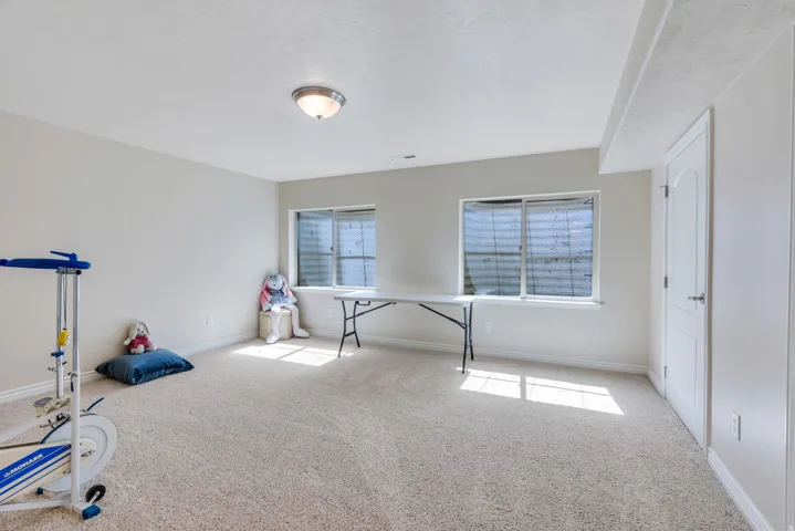 Carpeted room featuring two egress windows, a flush-mount light fixture, and a paneled door and two large closets
