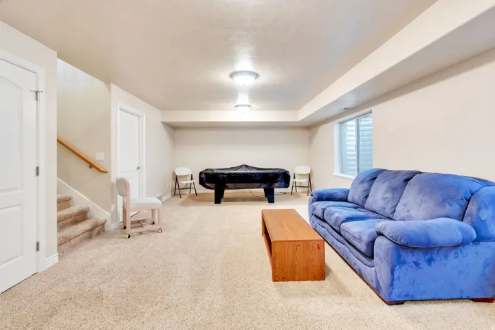 Lower-level room with neutral carpeting and light-toned walls