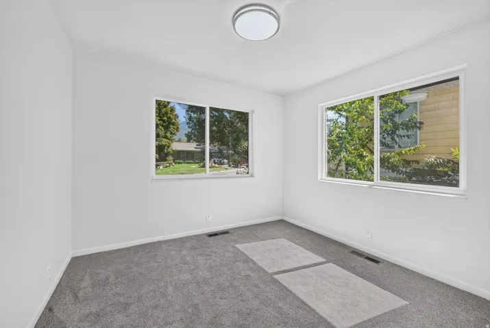 Plush gray carpeting, white walls, two large windows, and a flush-mount ceiling light fixture