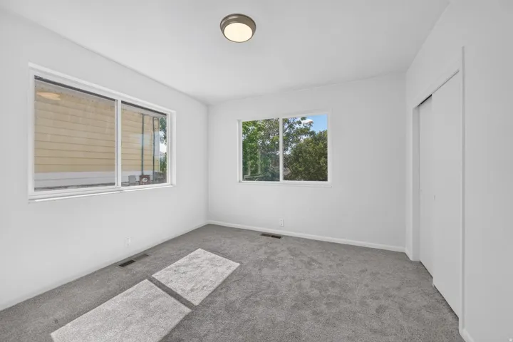 Plush gray carpeting, two windows with white trim, a flush-mount ceiling light fixture, and a white sliding closet door