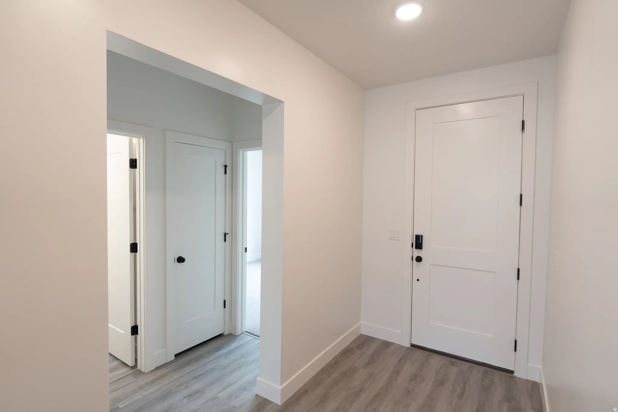 Entryway with wood-finish flooring, recessed lighting, and white paneled doors with matte black hardware