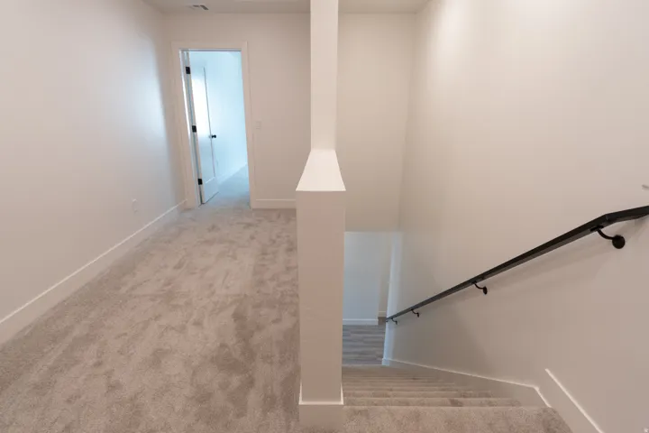 Carpeted hallway with a white panel door and black hardware
