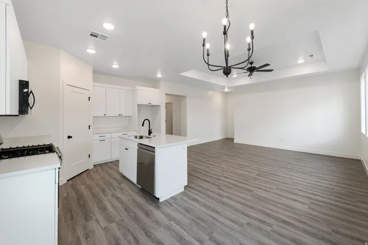 Open-concept living space with wood-finish flooring