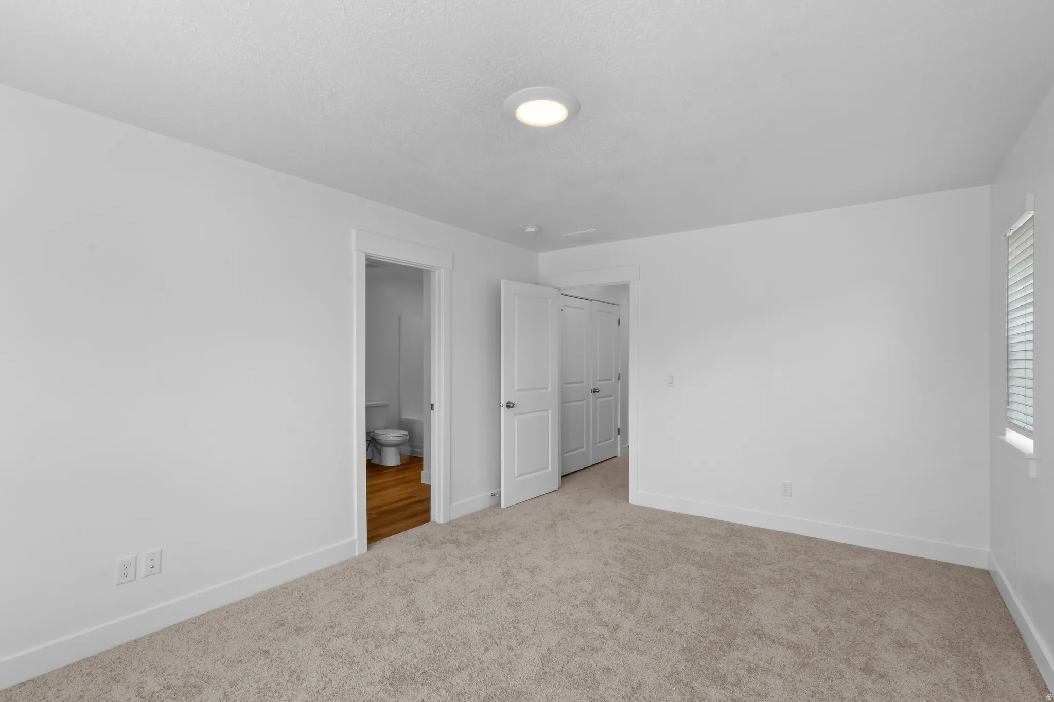 Carpeted room with white walls, a flush-mount ceiling light, and a window with horizontal blinds