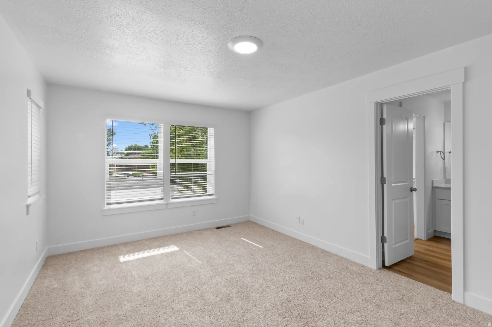 Bright room featuring neutral carpet flooring, a recessed ceiling light, and windows with blinds