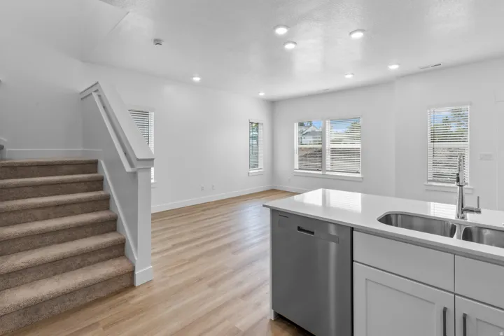 Kitchen island with double basin sink, stainless steel dishwasher, and light-toned countertops