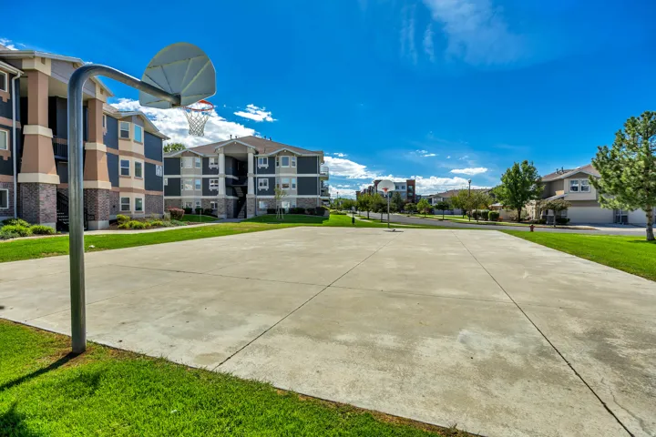 Outdoor basketball hoop, concrete court surface, surrounding green lawns, multi-story buildings with varied facades, and paved roadway visible in the background