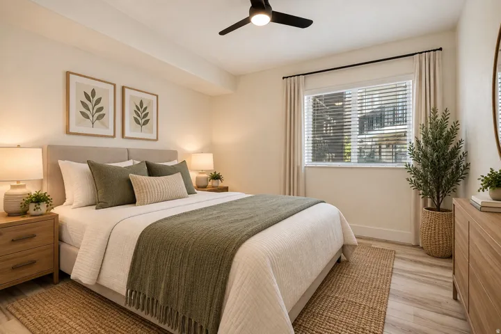 Recessed ceiling with an attached ceiling fan, large window with blinds, wood-finish flooring, light-colored walls, and a substantial bed frame with a headboard