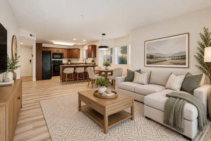 Open-concept living space featuring wood-finish flooring, recessed lighting, kitchen island with seating, and wood cabinetry