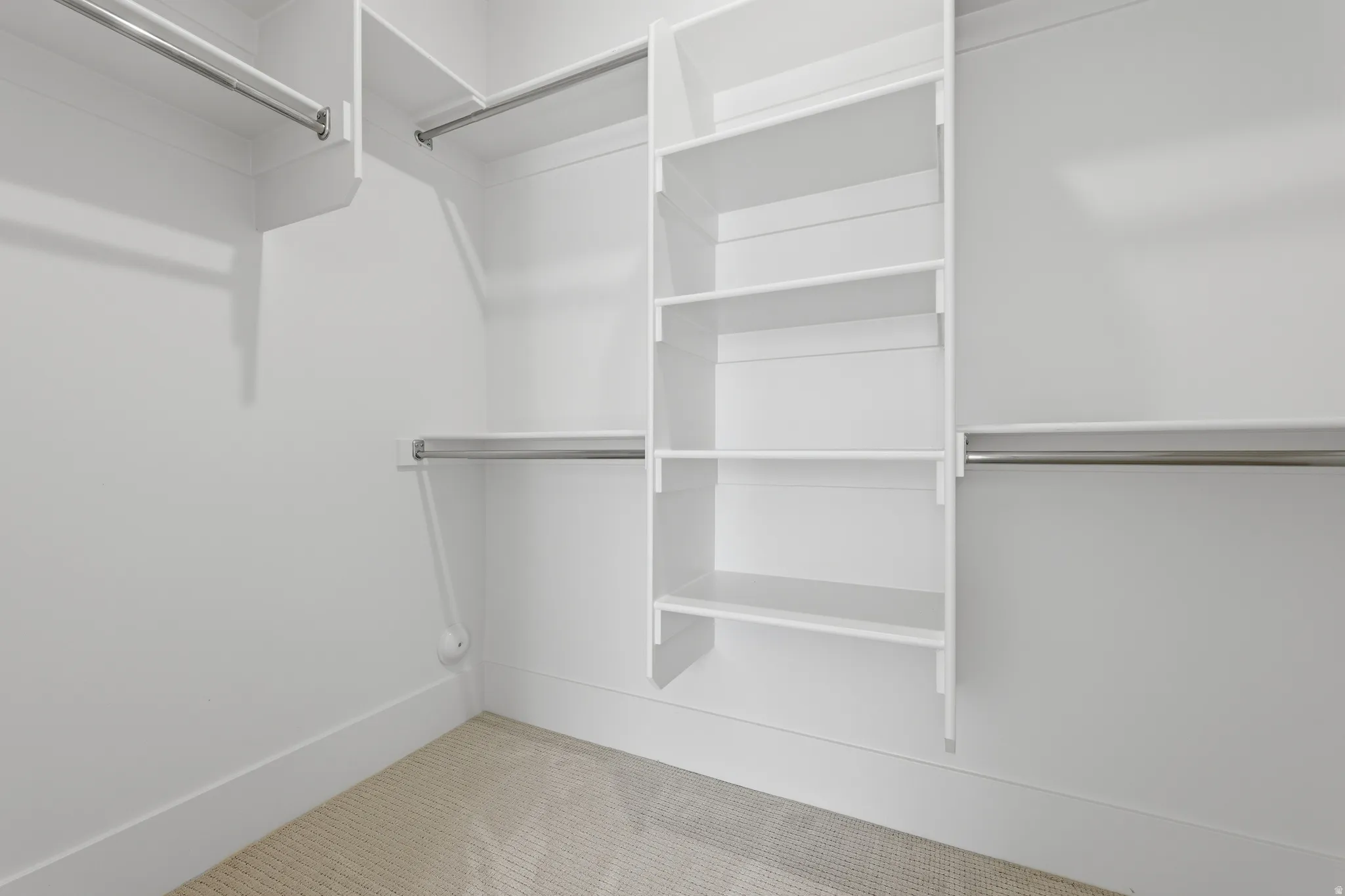 White built-in shelving, multiple hanging rods, and light-toned carpeting
