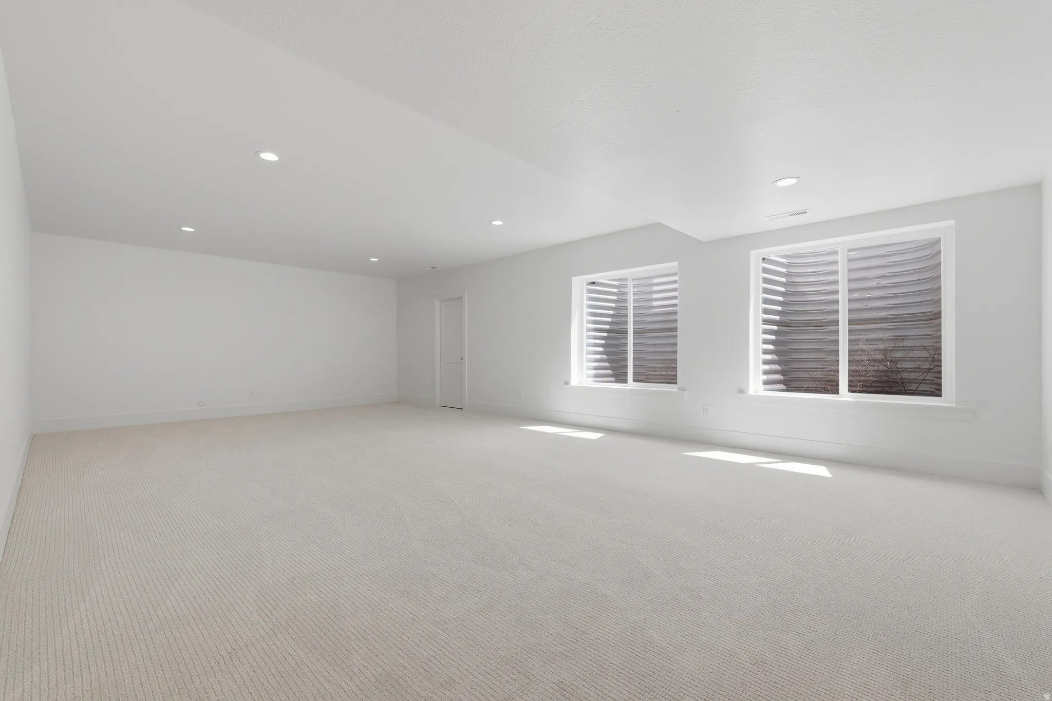 Spacious room featuring light-toned carpet, recessed lighting, two windows with window wells, and a white interior door
