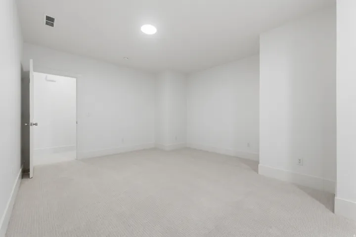 Spacious room featuring neutral wall finishes, recessed ceiling lighting, and light-toned carpet flooring