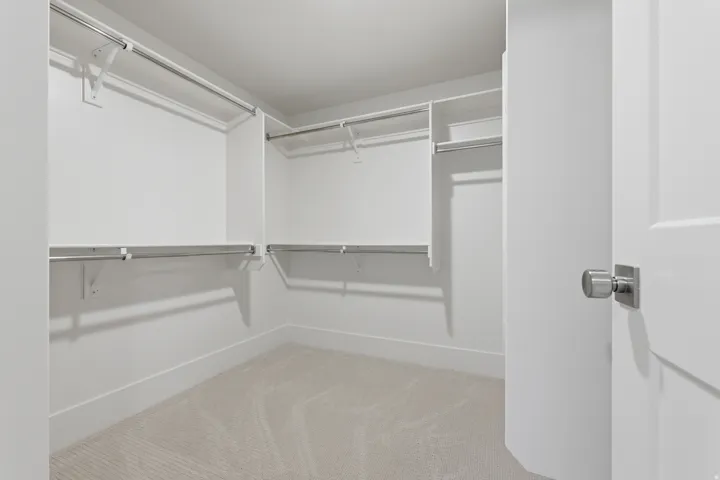 Walk-in closet with built-in shelving, multiple hanging rods, and light-toned carpeting