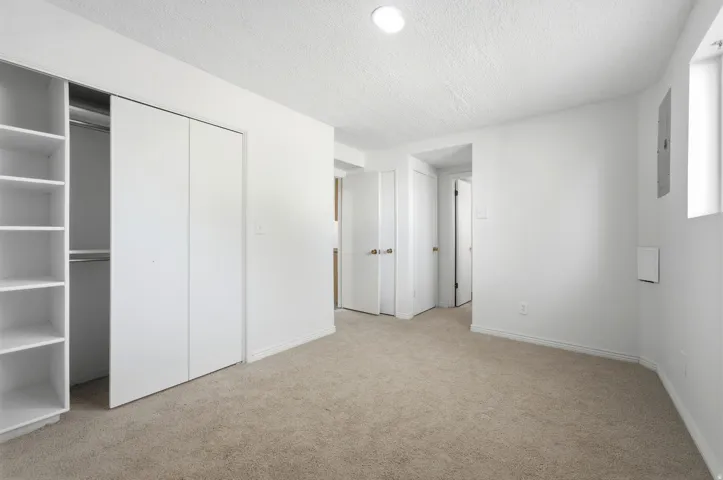 Recessed lighting, light-toned carpet flooring, built-in closet shelving, and white interior doors