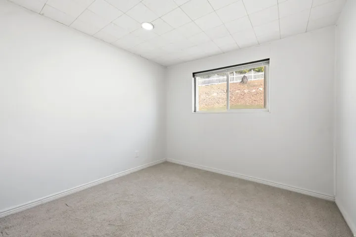 Recessed ceiling light, white painted walls, carpeted flooring, white trim, and a window with a white picket fence beyond