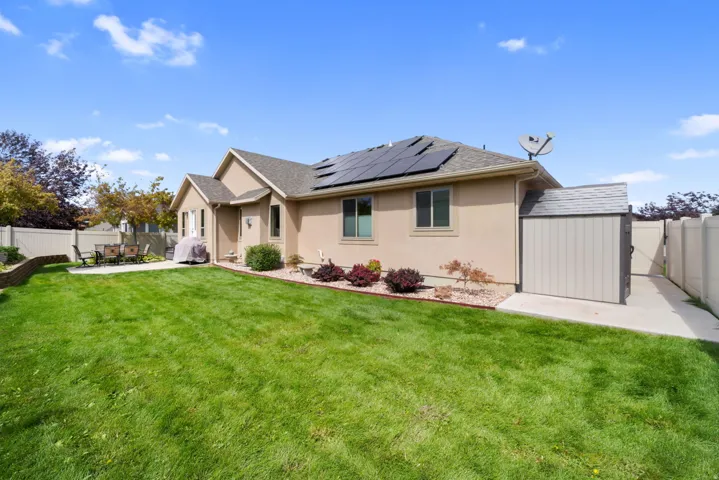 Expansive backyard featuring a patio, manicured lawn, established landscaping, and a storage shed