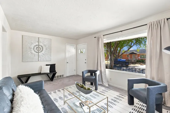 Light gray carpeting throughout, white painted walls, and a large front window with a black curtain rod