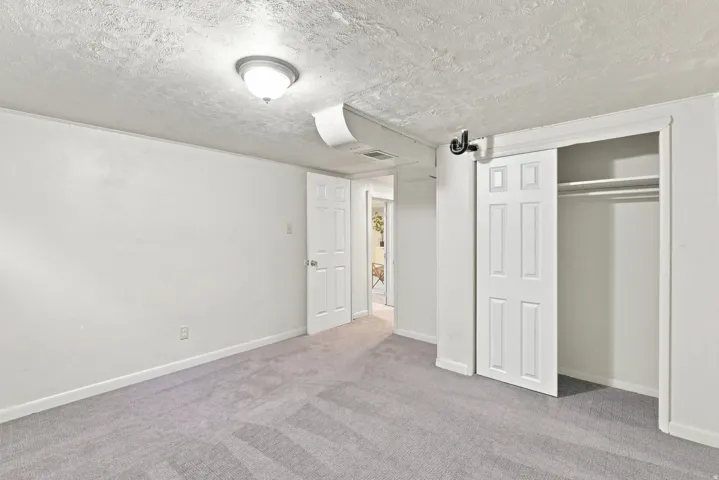 Gray carpeting, white walls, white paneled doors, and a built-in closet with sliding doors