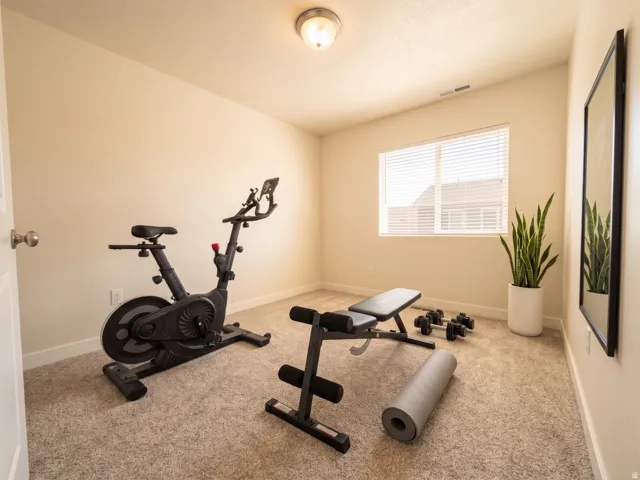 Carpeted room with a flush-mount ceiling light and a window with blinds